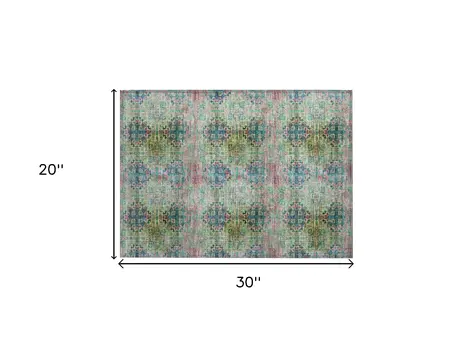 2' X 3' Blue and Green Floral Medallion Washable Non Skid Indoor Outdoor Area Rug