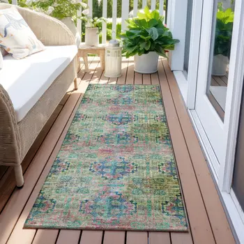 2' X 8' Blue and Green Floral Medallion Washable Non Skid Indoor Outdoor Runner Rug