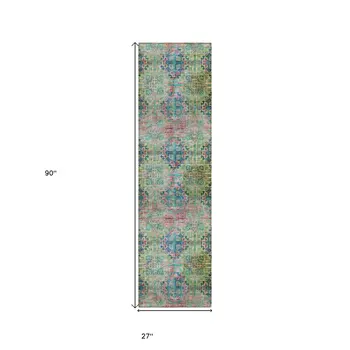2' X 8' Blue and Green Floral Medallion Washable Non Skid Indoor Outdoor Runner Rug