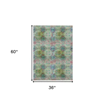 3' X 5' Blue and Green Floral Medallion Washable Non Skid Indoor Outdoor Area Rug