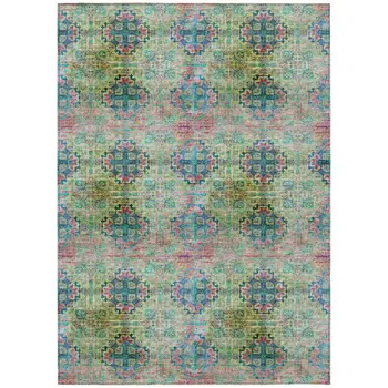 5' X 8' Blue and Green Floral Medallion Washable Non Skid Indoor Outdoor Area Rug