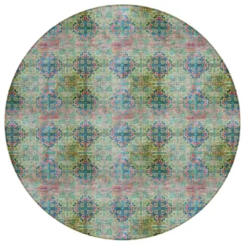 8' X 8' Blue and Green Round Floral Medallion Washable Non Skid Indoor Outdoor Area Rug