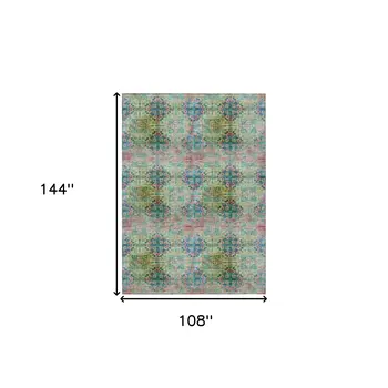 9' X 12' Blue And Green Floral Medallion Washable Indoor Outdoor Area Rug