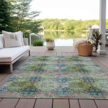 9' X 12' Blue And Green Floral Medallion Washable Indoor Outdoor Area Rug