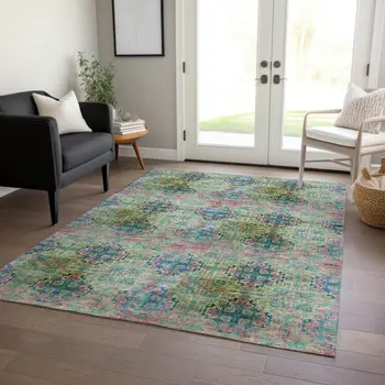 10' X 14' Blue and Green Floral Medallion Washable Non Skid Indoor Outdoor Area Rug