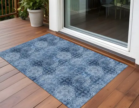 3' X 5' Navy Blue Floral Medallion Washable Non Skid Indoor Outdoor Area Rug