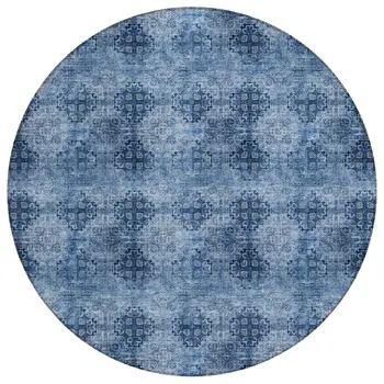 8' X 8' Navy Blue Round Floral Medallion Washable Non Skid Indoor Outdoor Area Rug