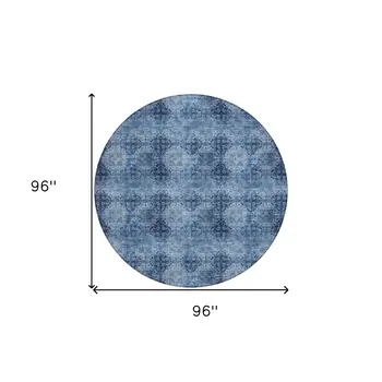 8' X 8' Navy Blue Round Floral Medallion Washable Non Skid Indoor Outdoor Area Rug