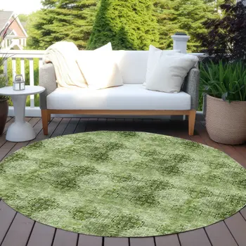 8' X 8' Olive Green Round Floral Medallion Washable Non Skid Indoor Outdoor Area Rug