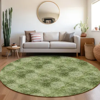 8' X 8' Olive Green Round Floral Medallion Washable Non Skid Indoor Outdoor Area Rug