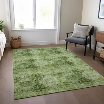 8' X 10' Olive Green Floral Medallion Washable Non Skid Indoor Outdoor Area Rug