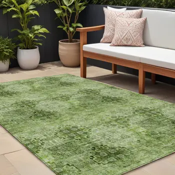 10' X 14' Olive Green Floral Medallion Washable Non Skid Indoor Outdoor Area Rug