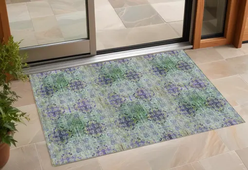 2' X 3' Purple and Green Floral Medallion Washable Non Skid Indoor Outdoor Area Rug