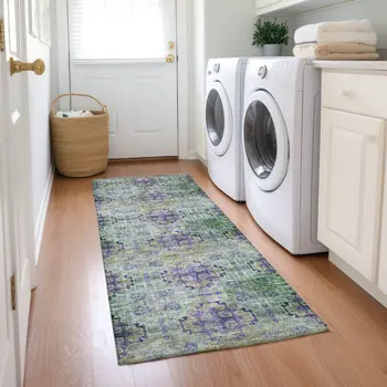 2' X 8' Purple and Green Floral Medallion Washable Non Skid Indoor Outdoor Runner Rug