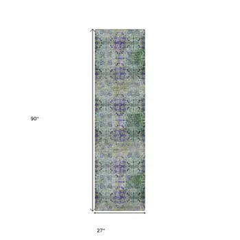 2' X 8' Purple and Green Floral Medallion Washable Non Skid Indoor Outdoor Runner Rug