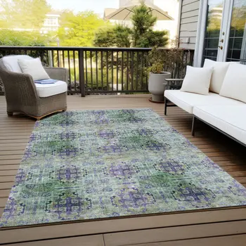 5' X 8' Purple and Green Floral Medallion Washable Non Skid Indoor Outdoor Area Rug