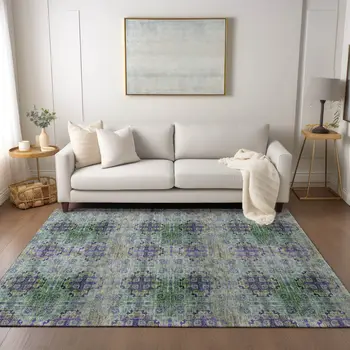 5' X 8' Purple and Green Floral Medallion Washable Non Skid Indoor Outdoor Area Rug