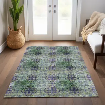 5' X 8' Purple and Green Floral Medallion Washable Non Skid Indoor Outdoor Area Rug