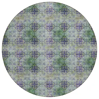 8' X 8' Purple and Green Round Floral Medallion Washable Non Skid Indoor Outdoor Area Rug