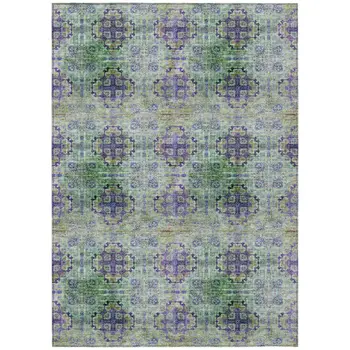 9' X 12' Purple And Green Floral Medallion Washable Indoor Outdoor Area Rug