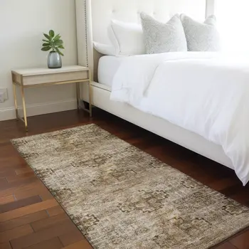 2' X 8' Taupe Floral Medallion Washable Non Skid Indoor Outdoor Runner Rug