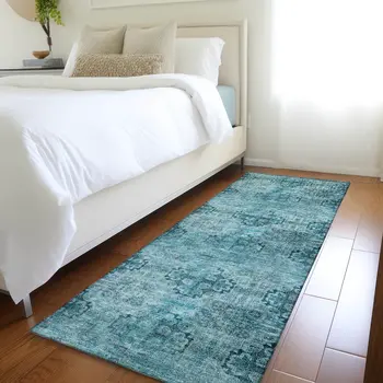 2' X 8' Teal Floral Medallion Washable Non Skid Indoor Outdoor Runner Rug