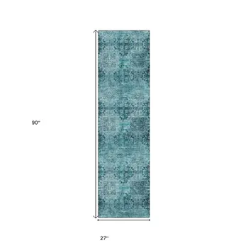 2' X 8' Teal Floral Medallion Washable Non Skid Indoor Outdoor Runner Rug