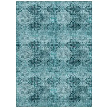 3' X 5' Teal Floral Medallion Washable Non Skid Indoor Outdoor Area Rug