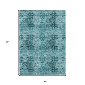 3' X 5' Teal Floral Medallion Washable Non Skid Indoor Outdoor Area Rug