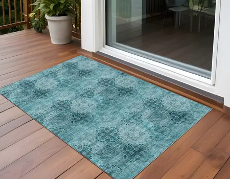 3' X 5' Teal Floral Medallion Washable Non Skid Indoor Outdoor Area Rug