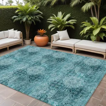 8' X 10' Teal Floral Medallion Washable Non Skid Indoor Outdoor Area Rug