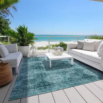 9' X 12' Teal Floral Medallion Washable Non Skid Indoor Outdoor Area Rug