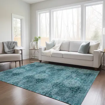 9' X 12' Teal Floral Medallion Washable Non Skid Indoor Outdoor Area Rug
