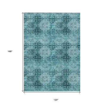 10' X 14' Teal Floral Medallion Washable Non Skid Indoor Outdoor Area Rug