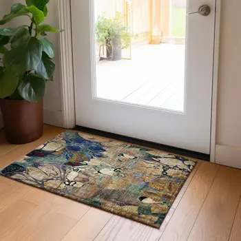 2' X 3' Beige and Blue Abstract Washable Indoor Outdoor Area Rug
