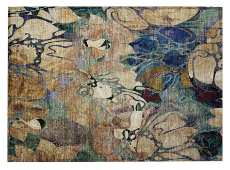 2' X 3' Beige and Blue Abstract Washable Indoor Outdoor Area Rug
