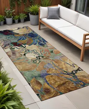 2' X 8' Beige and Blue Abstract Washable Indoor Outdoor Runner Rug