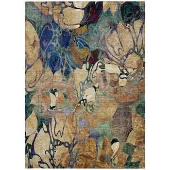 3' X 5' Beige and Blue Abstract Washable Indoor Outdoor Area Rug