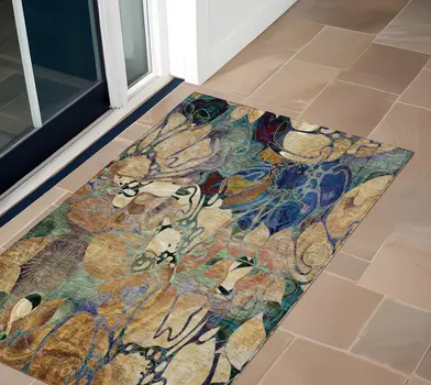 3' X 5' Beige and Blue Abstract Washable Indoor Outdoor Area Rug