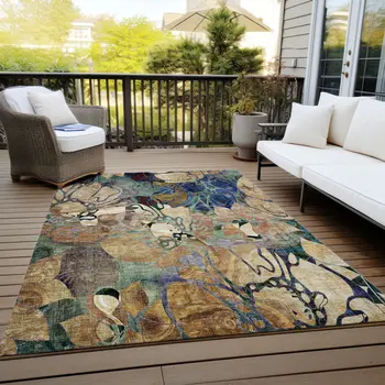 5' X 8' Beige and Blue Abstract Washable Indoor Outdoor Area Rug