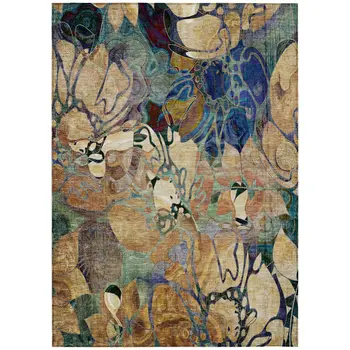 5' X 8' Beige and Blue Abstract Washable Indoor Outdoor Area Rug