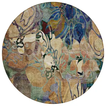 8' X 8' Beige and Blue Round Abstract Washable Indoor Outdoor Area Rug
