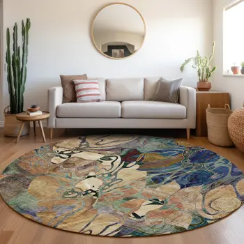 8' X 8' Beige and Blue Round Abstract Washable Indoor Outdoor Area Rug