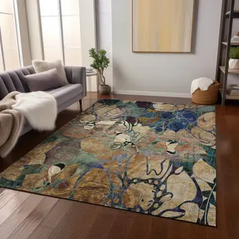 9' X 12' Beige And Blue Abstract Washable Indoor Outdoor Area Rug