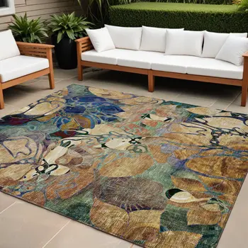 10' X 14' Beige and Blue Abstract Washable Indoor Outdoor Area Rug