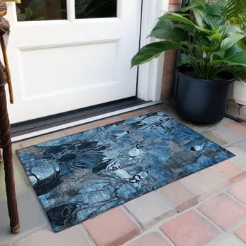 2' X 3' Blue and Gray Abstract Washable Indoor Outdoor Area Rug