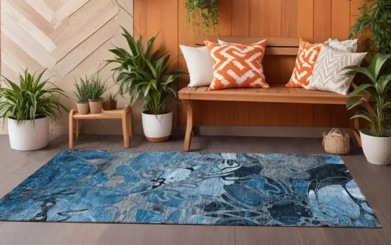 2' X 8' Blue and Gray Abstract Washable Indoor Outdoor Runner Rug