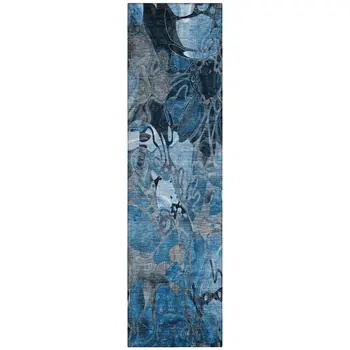 2' X 8' Blue and Gray Abstract Washable Indoor Outdoor Runner Rug