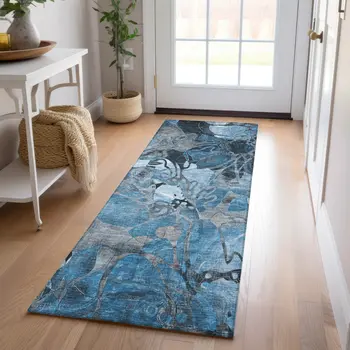 2' X 8' Blue and Gray Abstract Washable Indoor Outdoor Runner Rug