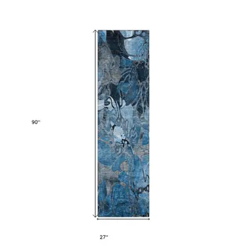 2' X 8' Blue and Gray Abstract Washable Indoor Outdoor Runner Rug